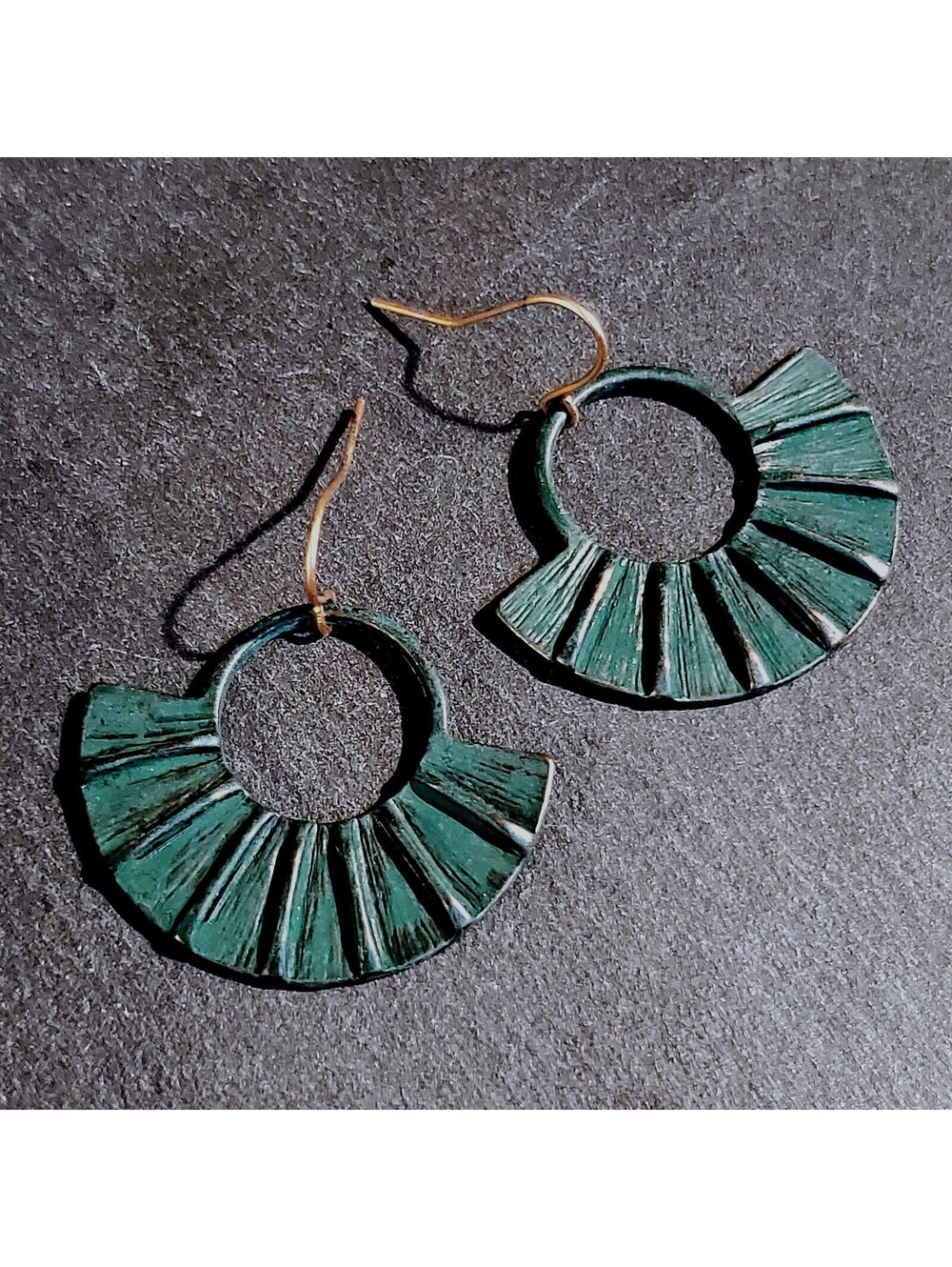 Antique Copper Verdigris Blue Green Patina Edgy Round Fan Earrings